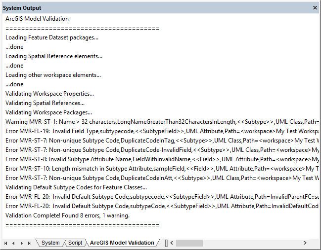 Enterprise Architect System Output window logging information during validation of an ArcGIS model.
