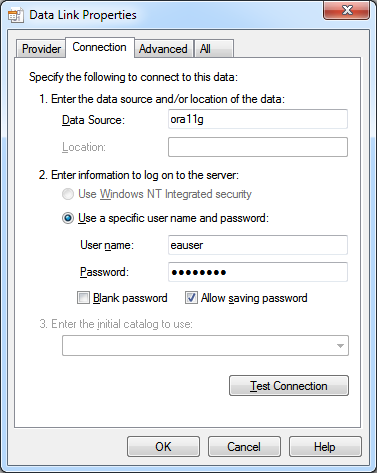 Defining a connection to a database under Oracle