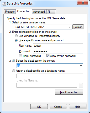 Defining a connection to a database under SQL Server