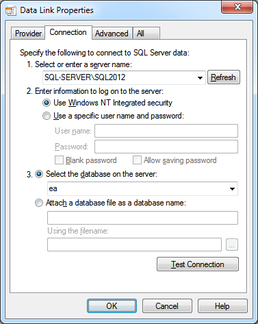 Defining a connection to a database under SQL Server