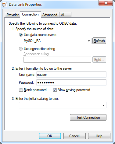 Defining a connection to a database under a DBMS