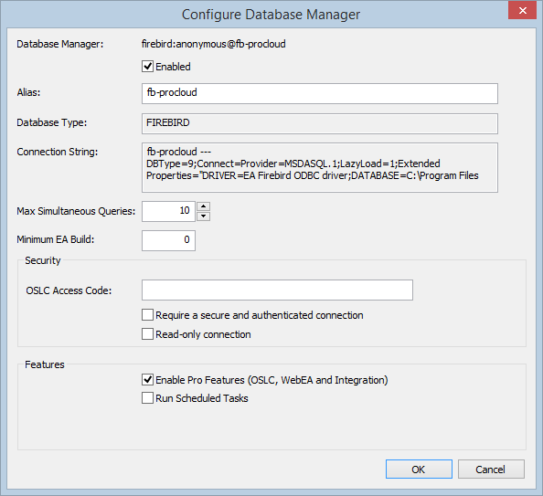 The Configure Database Manager dialog