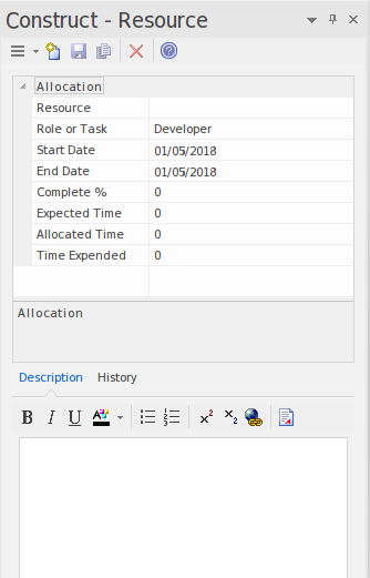Adding a resource to an element in the Resource Allocation window.