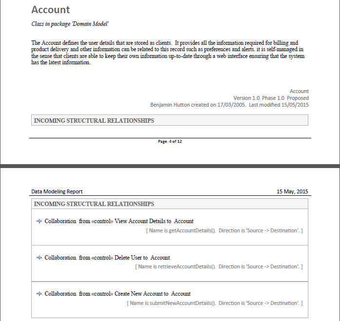 The results of documenting a model using the Data Dictionary report template, in Sparx Systems Enterprise Architect. The results of documenting a model using the Data Dictionary report template, in Sparx Systems Enterprise Architect.