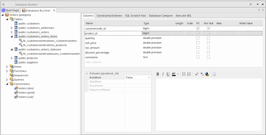 Showing the Database Builder loaded with the Orders (PostgreSQL) example, in Sparx Systems Enterprise Architect.