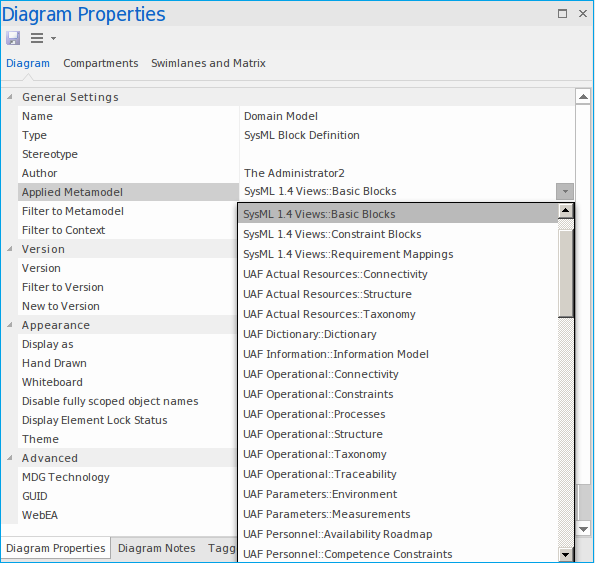 Showing how to set the Applied Metamodel property for a diagram in Sparx Systems Enterprise Architect.