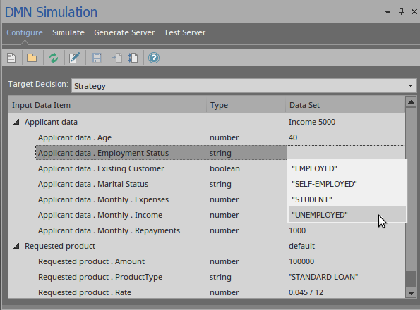 An example using the auto completion feature when running a DMN simulation using Sparx Systems Enterprise Architect.