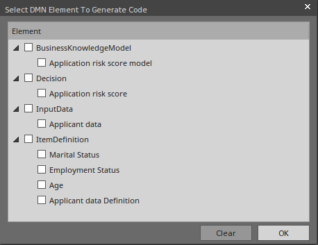 A view of the dialog for selecting the Elements to be included in code generation of a DMN module Sparx Systems Enterprise Architect.