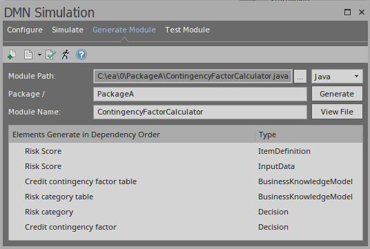 A dialog used for generating code for an DMN model using Sparx Systems Enterprise Architect.