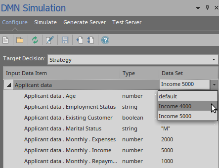 An example of choosing a Dataset for a DMN simulation using Sparx Systems Enterprise Architect.