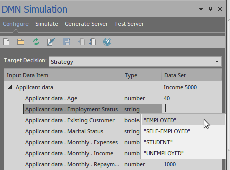 An example of altering a Dataset for a DMN simulation using Sparx Systems Enterprise Architect.