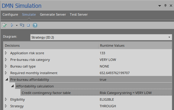 When running a DMN simulation the Decision can be expanded to see the invocation hierarchy using Enterprise Architect.