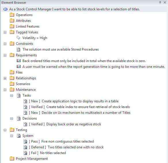 Showing the properties of a User Story element in the Element Browser, in Sparx Systems Enterprise Architect.