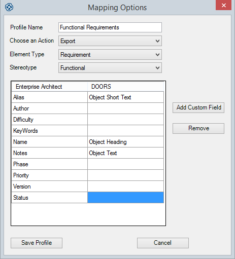 Mapping Sparx Systems Enterprise Architect properties to the equivalent DOORS properties.