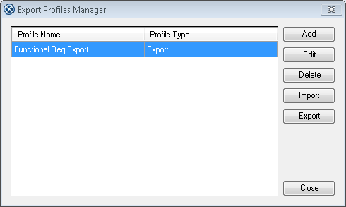 DOORS Export Profiles Manager dialog