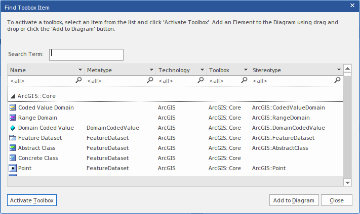 Showing a dialog for searching for toolbox items in Sparx Systems Enterprise Architect.