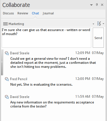 The Chat page of the Collaborate window in Sparx Systems Enterprise Architect.