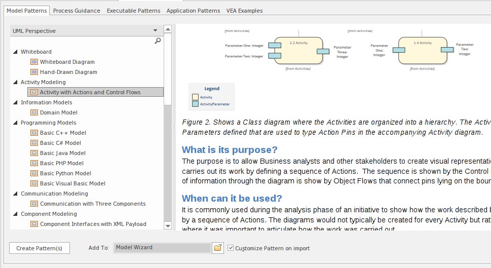 Showing a model pattern being selected in the Model Wizard Dialog in Sparx Systems Enterprise Architect. Showing a model pattern being selected in the Model Wizard Dialog in Sparx Systems Enterprise Architect.