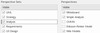 Showing how to exclude perspectives from a perspective set in Sparx Systems Enterprise Architect.