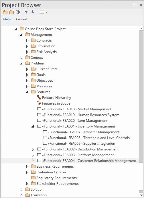 Showing Packages and Features in the project browser in Sparx Systems Enterprise Architect. Showing Packages and Features in the project browser in Sparx Systems Enterprise Architect.
