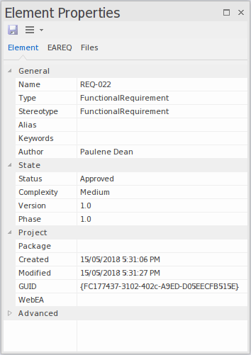 The properties sheet for a Requirement element in the Element Properties docked window in Sparx Systems Enterprise Architect.