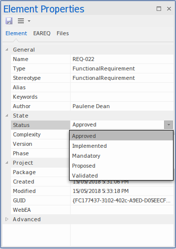 The properties sheet for a Requirement element in the Element Properties docked window in Sparx Systems Enterprise Architect.