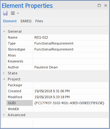 Showing the GUID of a Requirement element in the Element Properties window, in Sparx Systems Enterprise Architect. Showing the GUID of a Requirement element in the Element Properties window, in Sparx Systems Enterprise Architect.