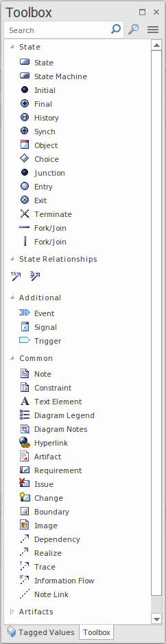 An example of a diagram toolbox, in this case for state machine diagrams, in Sparx Systems Enterprise Architect. An example of a diagram toolbox, in this case for state machine diagrams, in Sparx Systems Enterprise Architect.