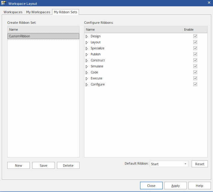 Using the Workspace Layout dialog to create a customized ribbon set in Sparx Systems Enterprise Architect.