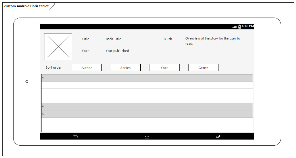 Example Android Tablet Wireframe (horizontal aspect) in Sparx Systems Enterprise Architect.