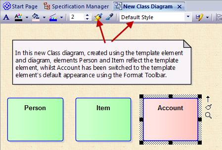 Showing a UML Class diagram with class elements formatted from a model template and another element formatted from the Format Bar. Showing a UML Class diagram with class elements formatted from a model template and another element formatted from the Format Bar.