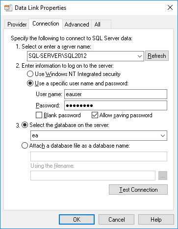 Defining a connection to a database under SQL Server