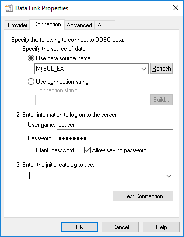 Defining a connection to a database under a DBMS