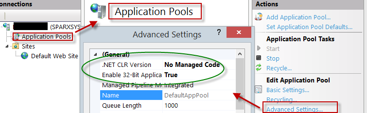The settings for 32-bit applications in the IIS Application Pools Advanced Settings view. The settings for 32-bit applications in the IIS Application Pools Advanced Settings view.