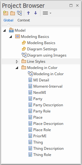An example of content in the Project Browser to be reported to Joomla using Sparx Systems Enterprise Architect.
