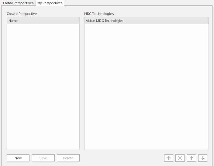 Showing the table in which personal custom perspectives are created in Sparx Systems Enterprise Architect.