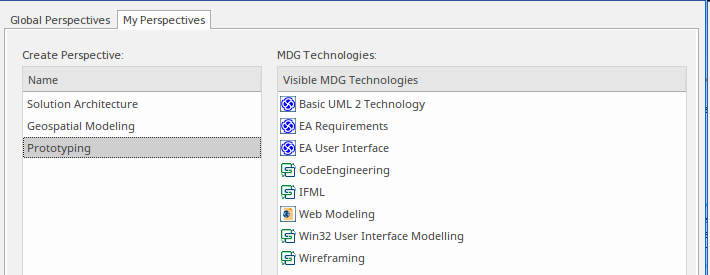 Creating a personal perspective in Sparx Systems Enterprise Architect.