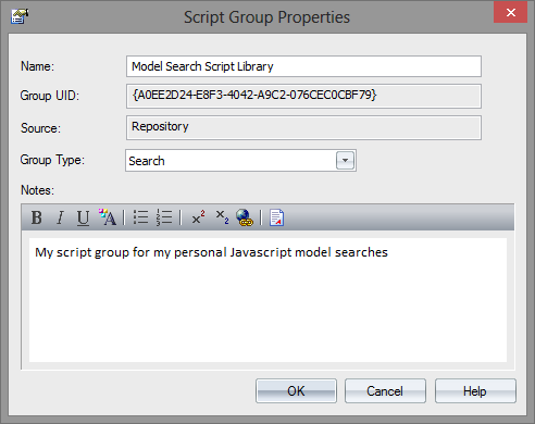 The properties dialog for a script group The properties dialog for a script group