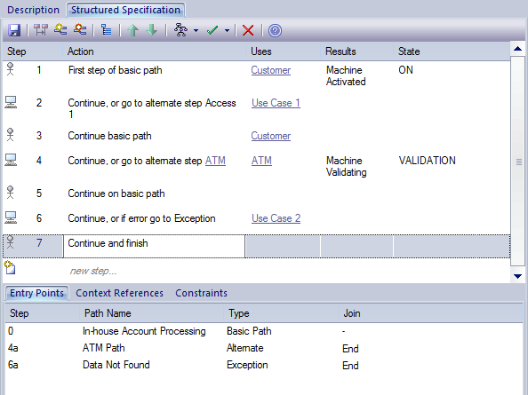 The Structured Specification dialog showing the internal steps of a UML Use Case element. The Structured Specification dialog showing the internal steps of a UML Use Case element.