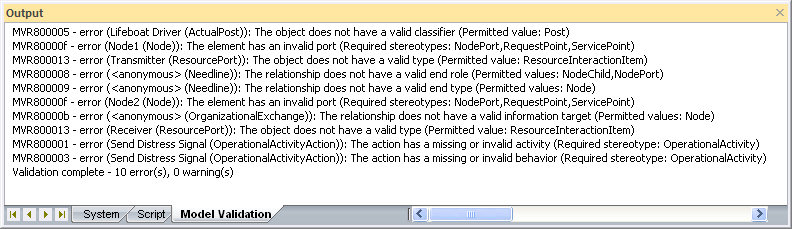 Result of validating a UPDM model with errors, in Sparx Systems Enterprise Architect. Result of validating a UPDM model with errors, in Sparx Systems Enterprise Architect.