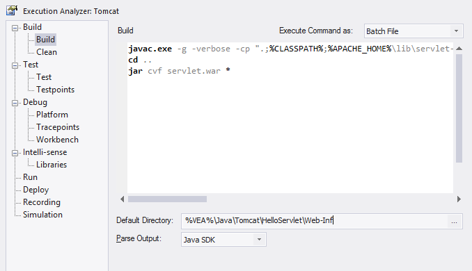 The image shows an Analyzer Script in Enterprise Architect that builds and deploys a servlet on an Apache Tomcat service