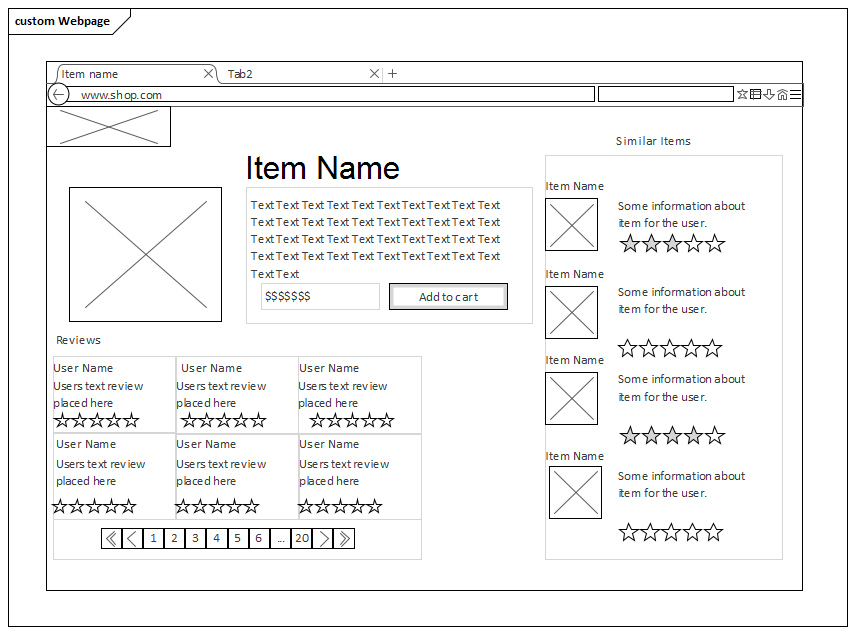 Example Webpage wireframe diagram created in Sparx Systems Enterprise Architect