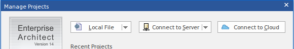 In Sparx Systems Enterprise Architect the Connect to Cloud button on the Manage Projects dialog provides access to Cloud connections.