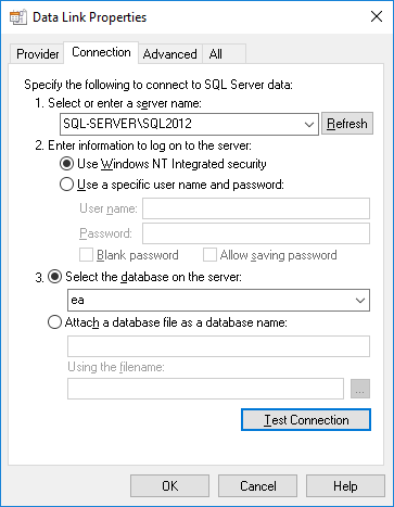 Defining a connection to a database under SQL Server