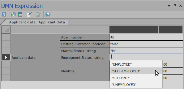 An example using Auto Completion on an InputData DMN Expression modeled with Sparx Systems Enterprise Architect.