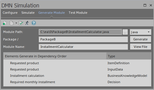 A dialog used for generating code for an DMN model using Sparx Systems Enterprise Architect.
