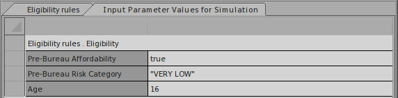An example of setting the Input Parameter Values for a DMN Simulation of a Business Knowledge Model using Sparx Systems Enterprise Architect.
