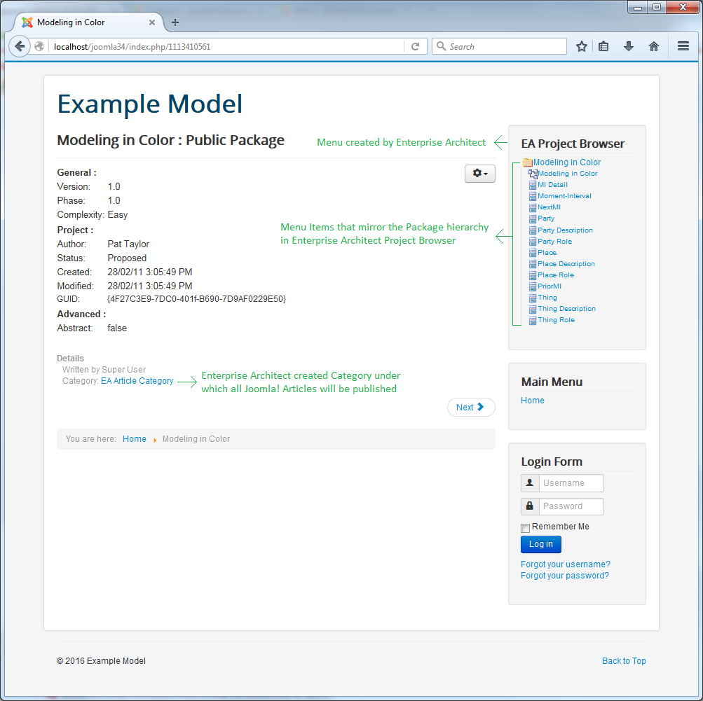 An example of content in the Project Browser reported to Joomla using Sparx Systems Enterprise Architect. An example of content in the Project Browser reported to Joomla using Sparx Systems Enterprise Architect.