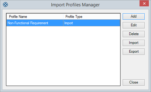 The Import Profiles Manager ddialog in Sparx Systems Enterprise Architect.