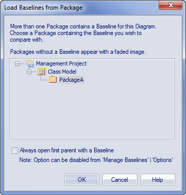 The Load Baselines from Package dialog in Sparx Systems Enterprise Architect. The Load Baselines from Package dialog in Sparx Systems Enterprise Architect.